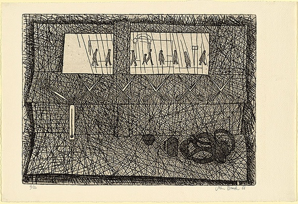 Artist: Brack, John. | Title: Mirrors and scissors. | Date: 1966 | Technique: etching, printed in black ink with plate-tone, from one copper plate | Copyright: © Helen Brack Artist: Brack, John. | Title: Mirrors and scissors. | Date: 1966 | Technique: etching, printed in black ink with plate-tone, from one copper plate | Copyright: © Helen Brack