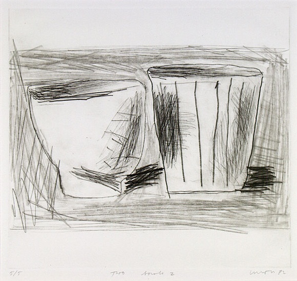 Artist: b'Lincoln, Kevin.' | Title: b'Two bowls 2' | Date: 1982 | Technique: b'drypoint, printed in black ink with plate-tone, from one plate' | Copyright: b'\xc2\xa9 Kevin Lincoln. Licensed by VISCOPY, Australia' Artist: b'Lincoln, Kevin.' | Title: b'Two bowls 2' | Date: 1982 | Technique: b'drypoint, printed in black ink with plate-tone, from one plate' | Copyright: b'\xc2\xa9 Kevin Lincoln. Licensed by VISCOPY, Australia'