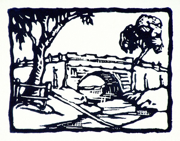 Artist: b'Glover, Allan.' | Title: b'Old bridge' | Date: 1960s | Technique: b'linocut, printed in blue ink, from one block' Artist: b'Glover, Allan.' | Title: b'Old bridge' | Date: 1960s | Technique: b'linocut, printed in blue ink, from one block'