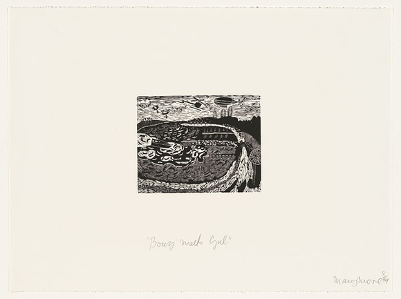 Artist: b'Moore, Mary.' | Title: b'Buoy meets gal, Rottnest summer' | Date: 1988 | Technique: b'wood-engraving' | Copyright: b'\xc2\xa9 Mary Moore' Artist: b'Moore, Mary.' | Title: b'Buoy meets gal, Rottnest summer' | Date: 1988 | Technique: b'wood-engraving' | Copyright: b'\xc2\xa9 Mary Moore'