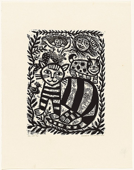 Artist: b'HANRAHAN, Barbara' | Title: b'The cat' | Date: 1988 | Technique: b'linocut, printed in black ink, from one block' Artist: b'HANRAHAN, Barbara' | Title: b'The cat' | Date: 1988 | Technique: b'linocut, printed in black ink, from one block'