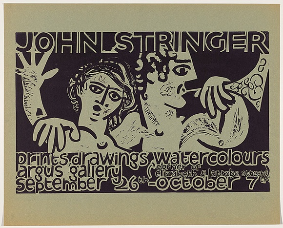 Artist: b'Stringer, John.' | Title: b'John Stringer prints, drawings, watercolours.' | Date: 1960 | Technique: b'linocut, printed in black ink, from one block' Artist: b'Stringer, John.' | Title: b'John Stringer prints, drawings, watercolours.' | Date: 1960 | Technique: b'linocut, printed in black ink, from one block'