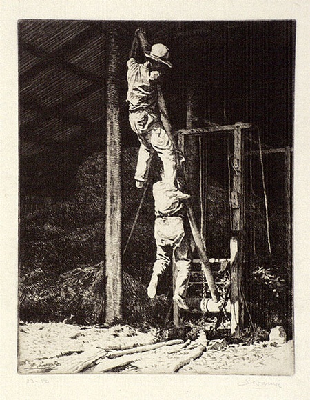 Artist: b'Warner, Alfred Edward.' | Title: b'Pressing lucerne' | Date: 1935 | Technique: b'etching, printed in black ink with plate-tone, from one copper plate' Artist: b'Warner, Alfred Edward.' | Title: b'Pressing lucerne' | Date: 1935 | Technique: b'etching, printed in black ink with plate-tone, from one copper plate'