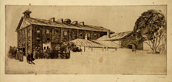 Artist: b'LINDSAY, Lionel' | Title: b'Old Barracks, Hyde Park' | Date: 1912 | Technique: b'etching and foul biting, printed in brown ink with plate-tone, from one plate' | Copyright: b'Courtesy of the National Library of Australia' Artist: b'LINDSAY, Lionel' | Title: b'Old Barracks, Hyde Park' | Date: 1912 | Technique: b'etching and foul biting, printed in brown ink with plate-tone, from one plate' | Copyright: b'Courtesy of the National Library of Australia'