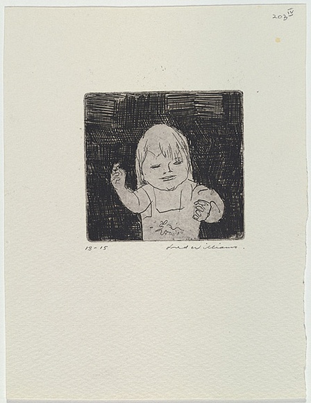 Artist: b'WILLIAMS, Fred' | Title: b'Isobel in her playsuit' | Date: 1964-65 | Technique: b'etching, drypoint, flat biting, printed in black ink, from oen copper plate' | Copyright: b'\xc2\xa9 Fred Williams Estate' Artist: b'WILLIAMS, Fred' | Title: b'Isobel in her playsuit' | Date: 1964-65 | Technique: b'etching, drypoint, flat biting, printed in black ink, from oen copper plate' | Copyright: b'\xc2\xa9 Fred Williams Estate'