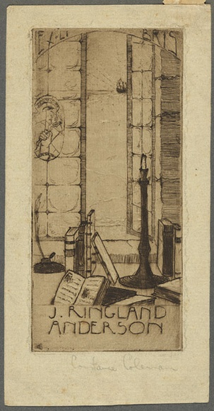 Artist: b'Coleman, Constance.' | Title: b'Bookplate: J. Ringland Anderson.' | Date: 1940s | Technique: b'etching and drypoint, printed in brown ink with plate-tone, from one plate' Artist: b'Coleman, Constance.' | Title: b'Bookplate: J. Ringland Anderson.' | Date: 1940s | Technique: b'etching and drypoint, printed in brown ink with plate-tone, from one plate'