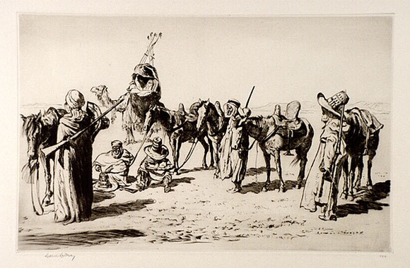 Artist: b'LINDSAY, Lionel' | Title: b'The Bassra guard' | Date: 1929 | Technique: b'drypoint, printed in brown ink with plate-tone, from one plate' | Copyright: b'Courtesy of the National Library of Australia' Artist: b'LINDSAY, Lionel' | Title: b'The Bassra guard' | Date: 1929 | Technique: b'drypoint, printed in brown ink with plate-tone, from one plate' | Copyright: b'Courtesy of the National Library of Australia'