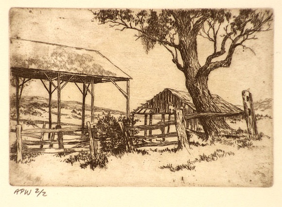 Artist: b'Stockfeld, R.H.' | Title: b'Haysheds' | Date: c.1935 | Technique: b'engraving, printed in sepia ink, from one plate' Artist: b'Stockfeld, R.H.' | Title: b'Haysheds' | Date: c.1935 | Technique: b'engraving, printed in sepia ink, from one plate'