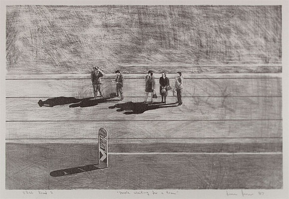 Artist: b'ROUBOS, Leon' | Title: b'People waiting for a tram' | Date: 1987 | Technique: b'lithograph, printed in black ink, from one stone' Artist: b'ROUBOS, Leon' | Title: b'People waiting for a tram' | Date: 1987 | Technique: b'lithograph, printed in black ink, from one stone'