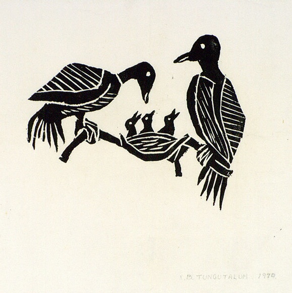 Artist: b'TUNGUTALUM, Bede' | Title: b'Two birds at nest' | Date: 1970 | Technique: b'woodcut, printed in black ink, from one block' Artist: b'TUNGUTALUM, Bede' | Title: b'Two birds at nest' | Date: 1970 | Technique: b'woodcut, printed in black ink, from one block'