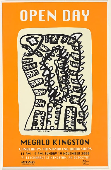 Artist: b'Deverson, Clint.' | Title: b'Open day Megalo Kingston, 19th November 2000' | Date: 2000 | Technique: b'screenprint, printed in colour, from three screens'