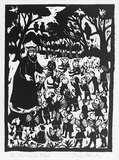 Artist: Allen, Joyce. | Title: (Meeting in the Grove with Wizard Agonis) (Illustration 1). | Date: 1987 | Technique: linocut, printed in black ink, from one block