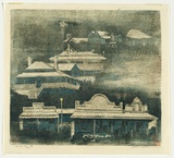 Artist: b'Thorpe, Lesbia.' | Title: b'Country town 8 p.m.' | Date: 1980 | Technique: b'woodcut and linocut, printed in colour, from three blocks'