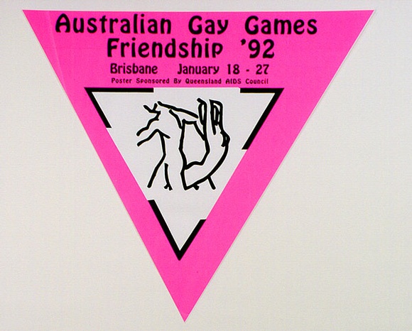 Artist: b'Stannard, Chris.' | Title: bAustralian Gay Games '92 | Date: 1992, January | Technique: b'screenprint, printed in pink and black ink, from two stencils' Artist: b'Stannard, Chris.' | Title: bAustralian Gay Games '92 | Date: 1992, January | Technique: b'screenprint, printed in pink and black ink, from two stencils'