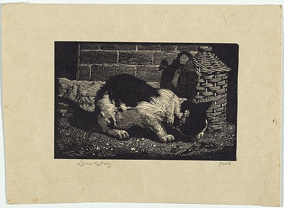 Artist: b'LINDSAY, Lionel' | Title: b'Cat eating shrimps' | Date: 1922 | Technique: b'wood-engraving, printed in black ink, from one block' | Copyright: b'Courtesy of the National Library of Australia' Artist: b'LINDSAY, Lionel' | Title: b'Cat eating shrimps' | Date: 1922 | Technique: b'wood-engraving, printed in black ink, from one block' | Copyright: b'Courtesy of the National Library of Australia'