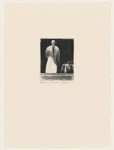 Artist: b'AMOR, Rick' | Title: b'The waiter' | Date: 2002, May | Technique: b'etching, printed in black ink, from one plate' | Copyright: b'Image reproduced courtesy the artist and Niagara Galleries, Melbourne' Artist: b'AMOR, Rick' | Title: b'The waiter' | Date: 2002, May | Technique: b'etching, printed in black ink, from one plate' | Copyright: b'Image reproduced courtesy the artist and Niagara Galleries, Melbourne'