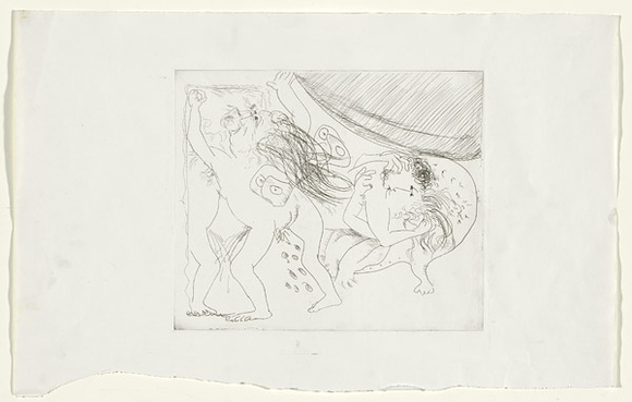 Artist: b'BOYD, Arthur' | Title: b'(Mad woman with curtain, mirror and lovers) (variant V).' | Date: 1970 | Technique: b'etching, printed in black ink, from one plate' | Copyright: b'This work appears on screen courtesy of Bundanon Trust' Artist: b'BOYD, Arthur' | Title: b'(Mad woman with curtain, mirror and lovers) (variant V).' | Date: 1970 | Technique: b'etching, printed in black ink, from one plate' | Copyright: b'This work appears on screen courtesy of Bundanon Trust'