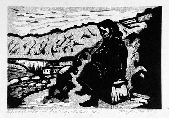Artist: b'Taylor, John H.' | Title: b'Spanish woman resting' | Date: 1974 | Technique: b'linocut, printed in black and grey ink, from two blocks' Artist: b'Taylor, John H.' | Title: b'Spanish woman resting' | Date: 1974 | Technique: b'linocut, printed in black and grey ink, from two blocks'