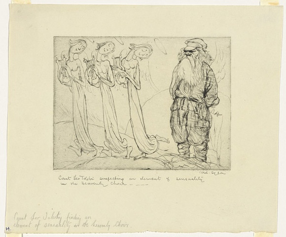 Artist: b'Dyson, Will.' | Title: b'Our immortals: Count Leo Tolstoi suspecting an element of sensuality in the Heavenly choir.' | Date: c.1929 | Technique: b'drypoint, printed in black ink, from one plate' Artist: b'Dyson, Will.' | Title: b'Our immortals: Count Leo Tolstoi suspecting an element of sensuality in the Heavenly choir.' | Date: c.1929 | Technique: b'drypoint, printed in black ink, from one plate'