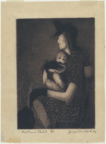 Artist: b'Hick, Jacqueline.' | Title: b'Mother and child' | Date: 1945 | Technique: b'aquatint, printed in brown ink, from one plate' Artist: b'Hick, Jacqueline.' | Title: b'Mother and child' | Date: 1945 | Technique: b'aquatint, printed in brown ink, from one plate'