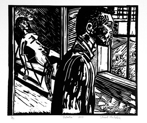 Artist: b'MacFarlane, Stewart.' | Title: b'Distraction' | Date: 1987 | Technique: b'linocut, printed in black ink, from one block' | Copyright: b'\xc2\xa9 Stewart MacFarlane. Licensed by VISCOPY, Australia' Artist: b'MacFarlane, Stewart.' | Title: b'Distraction' | Date: 1987 | Technique: b'linocut, printed in black ink, from one block' | Copyright: b'\xc2\xa9 Stewart MacFarlane. Licensed by VISCOPY, Australia'