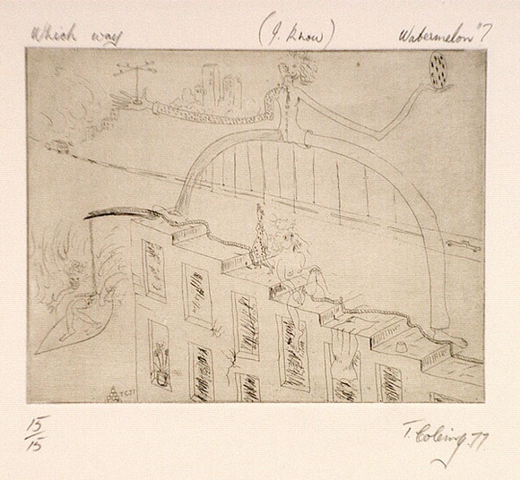 Artist: b'COLEING, Tony' | Title: b'Which way (I know) watermelon?.' | Date: 1977 | Technique: b'hardground etching, printed in black ink, from one zinc plate'