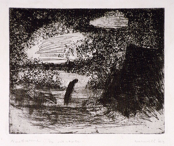 Artist: b'Barwell, Geoff.' | Title: b'Nocturne.' | Date: 1953 | Technique: b'etching, aquatint and roulette, printed in black ink, from one plate' Artist: b'Barwell, Geoff.' | Title: b'Nocturne.' | Date: 1953 | Technique: b'etching, aquatint and roulette, printed in black ink, from one plate'