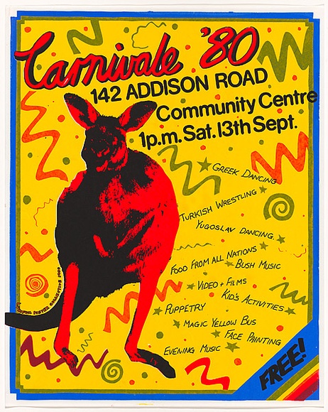 Artist: b'Lane, Leonie.' | Title: b'Carnivale 1980.' | Date: 1980 | Technique: b'screenprint, printed in colour, from four stencils' | Copyright: b'\xc2\xa9 Leonie Lane' Artist: b'Lane, Leonie.' | Title: b'Carnivale 1980.' | Date: 1980 | Technique: b'screenprint, printed in colour, from four stencils' | Copyright: b'\xc2\xa9 Leonie Lane'