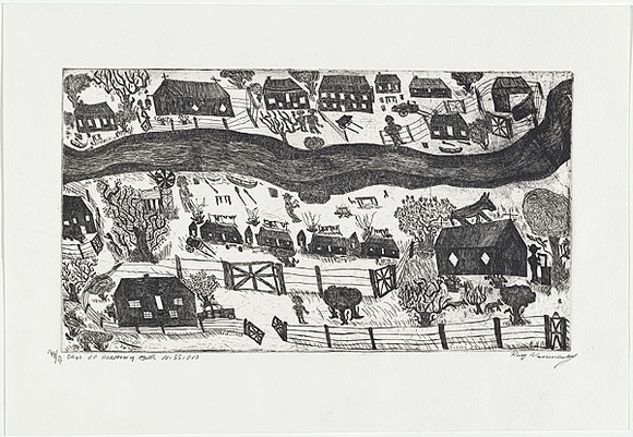 Artist: b'Kennedy, Roy.' | Title: b'Days of harmony on our mission' | Date: c.2001 | Technique: b'etching, printed in black ink, from one plate' Artist: b'Kennedy, Roy.' | Title: b'Days of harmony on our mission' | Date: c.2001 | Technique: b'etching, printed in black ink, from one plate'