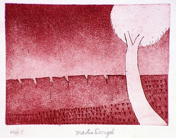 Artist: b'Dougal, Martin.' | Title: b'Tree and hills' | Date: 1986 | Technique: b'etching and aquatint, printed in red ink, from one plate' Artist: b'Dougal, Martin.' | Title: b'Tree and hills' | Date: 1986 | Technique: b'etching and aquatint, printed in red ink, from one plate'