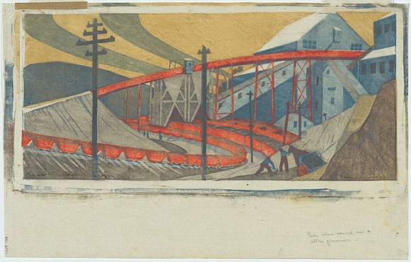 Artist: b'Spowers, Ethel.' | Title: b'The works, Yallourn' | Date: 1933 | Technique: b'linocut, printed in colour, from seven blocks' Artist: b'Spowers, Ethel.' | Title: b'The works, Yallourn' | Date: 1933 | Technique: b'linocut, printed in colour, from seven blocks'