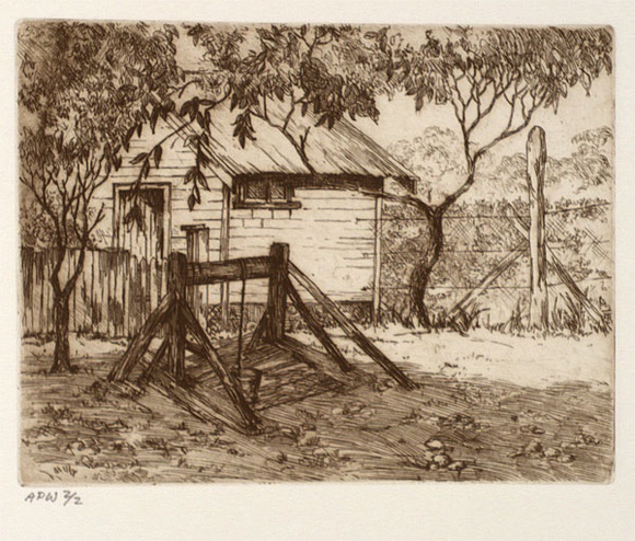 Artist: b'Stockfeld, R.H.' | Title: b'The old well' | Date: c.1935 | Technique: b'etching, printed in sepia ink, from one plate' Artist: b'Stockfeld, R.H.' | Title: b'The old well' | Date: c.1935 | Technique: b'etching, printed in sepia ink, from one plate'