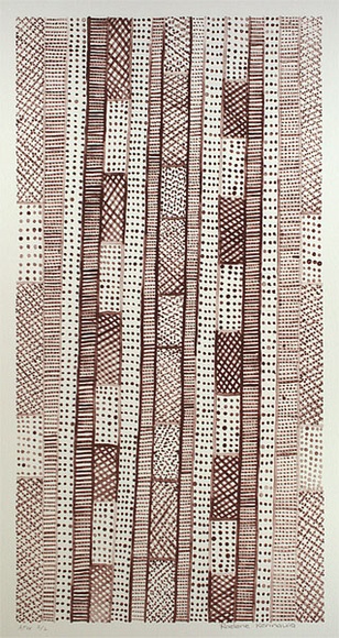 Artist: b'KERINAUIA, Raelene' | Title: b'Pukumani painting' | Date: 2001, January | Technique: b'lithograph, printed in brown ink, from one stone' | Copyright: b'\xc2\xa9 Realene Kerinauia, Jilamara Arts & Craft' Artist: b'KERINAUIA, Raelene' | Title: b'Pukumani painting' | Date: 2001, January | Technique: b'lithograph, printed in brown ink, from one stone' | Copyright: b'\xc2\xa9 Realene Kerinauia, Jilamara Arts & Craft'