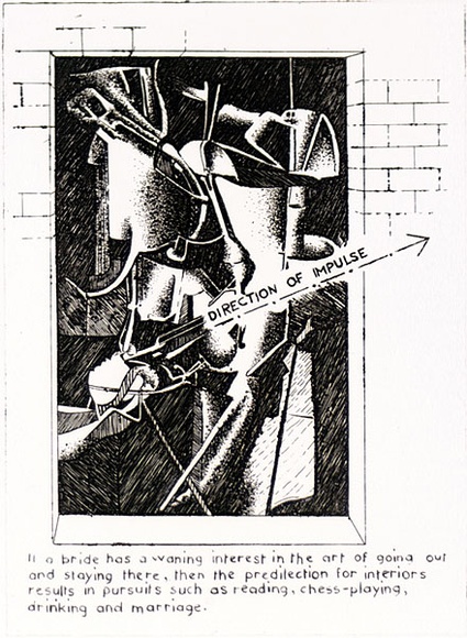 Artist: b'Tillers, Imants.' | Title: b'If a bride has a waning interest in the art of going out ...' | Date: 1976 | Technique: b'etching and aquatint, printed in brown ink with plate-tone, from one copper plate' | Copyright: b'Courtesy of the artist' Artist: b'Tillers, Imants.' | Title: b'If a bride has a waning interest in the art of going out ...' | Date: 1976 | Technique: b'etching and aquatint, printed in brown ink with plate-tone, from one copper plate' | Copyright: b'Courtesy of the artist'
