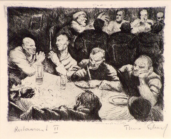 Artist: b'Scharf, Theo.' | Title: b'Restaurant II' | Date: c.1922 | Technique: b'etching, printed in black ink, from one plate' | Copyright: b'\xc2\xa9 The Estate of Theo Scharf.' Artist: b'Scharf, Theo.' | Title: b'Restaurant II' | Date: c.1922 | Technique: b'etching, printed in black ink, from one plate' | Copyright: b'\xc2\xa9 The Estate of Theo Scharf.'