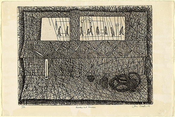 Artist: Brack, John. | Title: Mirrors and scissors. | Date: 1966 | Technique: etching, printed in black ink, from one copper plate | Copyright: © Helen Brack