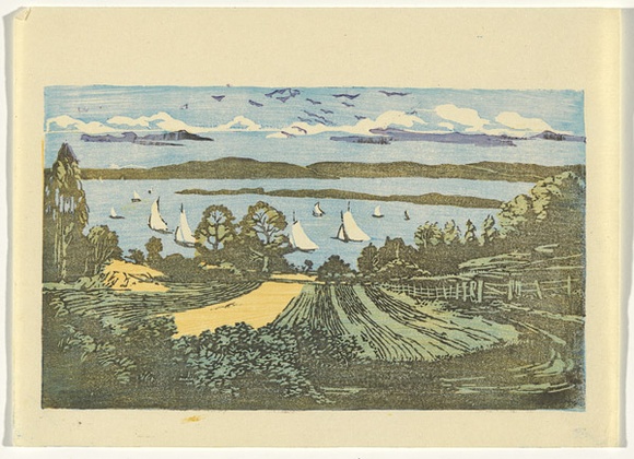 Artist: b'Allport, C.L.' | Title: b'(River Derwent from Taroona).' | Date: c.1930 | Technique: b'linocut, printed in colour, from multiple blocks' Artist: b'Allport, C.L.' | Title: b'(River Derwent from Taroona).' | Date: c.1930 | Technique: b'linocut, printed in colour, from multiple blocks'