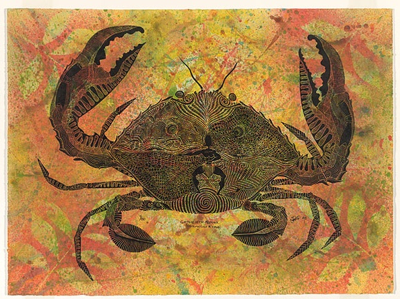 Artist: b'NONA, Laurie' | Title: b'Giethalieth Adthaik (Dancing like a crab)' | Date: 1998 | Technique: b'linocut, printed in black ink, from one block' Artist: b'NONA, Laurie' | Title: b'Giethalieth Adthaik (Dancing like a crab)' | Date: 1998 | Technique: b'linocut, printed in black ink, from one block'