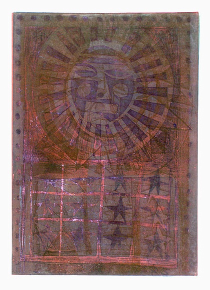 Artist: b'HANRAHAN, Barbara' | Title: b'Sun and stars II' | Date: 1964 | Technique: b'etching, printed in colour from two plates' Artist: b'HANRAHAN, Barbara' | Title: b'Sun and stars II' | Date: 1964 | Technique: b'etching, printed in colour from two plates'