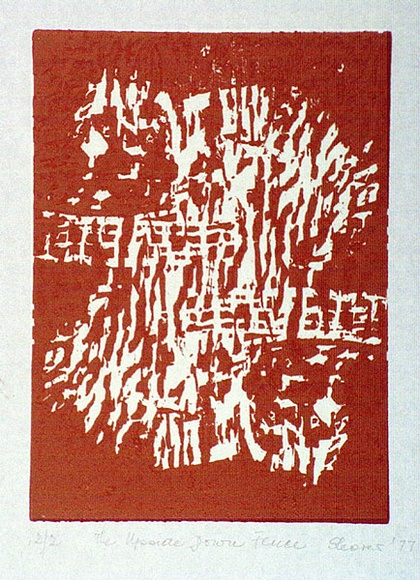 Artist: b'Shearer, Mitzi.' | Title: b'The upside down fence' | Date: 1977 | Technique: b'linocut, printed in red ink, from one block'