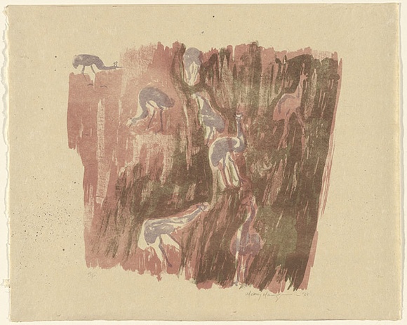 Artist: b'MACQUEEN, Mary' | Title: b'Emus at Tower Hill' | Date: 1968 | Technique: b'lithograph, printed in colour, from multiple plates' | Copyright: b'Courtesy Paulette Calhoun, for the estate of Mary Macqueen' Artist: b'MACQUEEN, Mary' | Title: b'Emus at Tower Hill' | Date: 1968 | Technique: b'lithograph, printed in colour, from multiple plates' | Copyright: b'Courtesy Paulette Calhoun, for the estate of Mary Macqueen'
