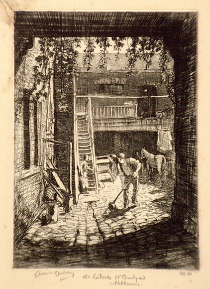Artist: LINDSAY, Lionel | Title: An old courtyard, New veterinary institute, La Trobe Street, Melbourne. | Date: 1914 | Technique: etching and aquatint, printed in warm black ink with plate-tone, from one plate | Copyright: Courtesy of the National Library of Australia