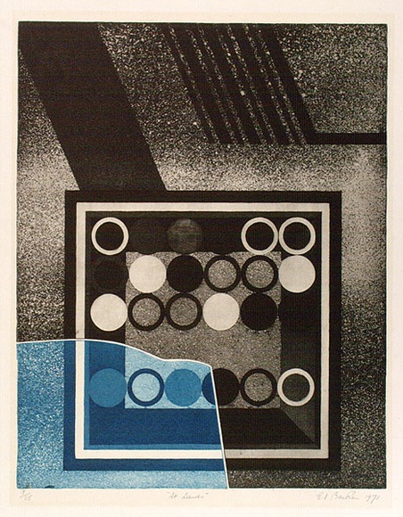 Artist: b'Backen, Earle.' | Title: b'At lands' | Date: 1971 | Technique: b'aquatint, etching, printed in colour, from two plates' Artist: b'Backen, Earle.' | Title: b'At lands' | Date: 1971 | Technique: b'aquatint, etching, printed in colour, from two plates'