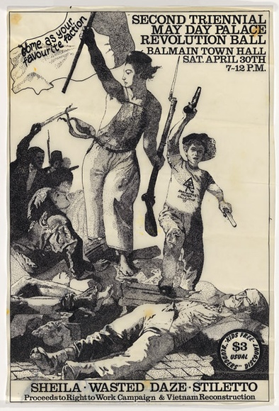 Artist: b'MACKINOLTY, Chips' | Title: b'Second Triennial May Day Palace Revolution Ball, Balmain Town Hall' | Date: 1977 | Technique: b'screenprint, printed in black ink, from one stencil' Artist: b'MACKINOLTY, Chips' | Title: b'Second Triennial May Day Palace Revolution Ball, Balmain Town Hall' | Date: 1977 | Technique: b'screenprint, printed in black ink, from one stencil'