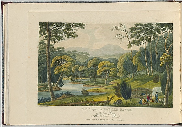 Artist: b'Lycett, Joseph.' | Title: b'View upon the Nepean River, at the Cow Pastures, New South Wales.' | Date: 1825 | Technique: b'etching and aquatint, printed in black ink, from one copper plate; hand-coloured' Artist: b'Lycett, Joseph.' | Title: b'View upon the Nepean River, at the Cow Pastures, New South Wales.' | Date: 1825 | Technique: b'etching and aquatint, printed in black ink, from one copper plate; hand-coloured'