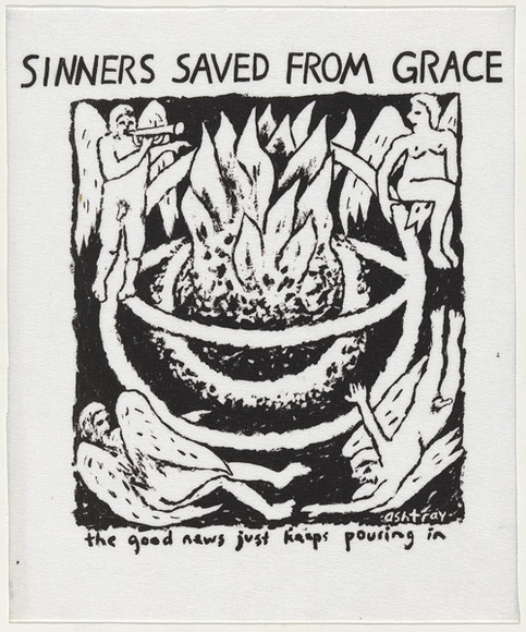 Artist: b'WORSTEAD, Paul' | Title: b'Sinners saved from Grace' | Date: 1992 | Technique: b'screenprint, printed in black ink, from one stencil' | Copyright: b'This work appears on screen courtesy of the artist' Artist: b'WORSTEAD, Paul' | Title: b'Sinners saved from Grace' | Date: 1992 | Technique: b'screenprint, printed in black ink, from one stencil' | Copyright: b'This work appears on screen courtesy of the artist'
