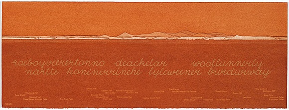 Artist: b'MADDOCK, Bea' | Title: b'Terra Spiritus...with a darker shade of pale' | Date: 1993-98 | Technique: b'stencil print, printed in hand-ground Launceston ochre from multiple hand-cut mylar stencils; letterpress text blind printed; hand-drawn script' Artist: b'MADDOCK, Bea' | Title: b'Terra Spiritus...with a darker shade of pale' | Date: 1993-98 | Technique: b'stencil print, printed in hand-ground Launceston ochre from multiple hand-cut mylar stencils; letterpress text blind printed; hand-drawn script'