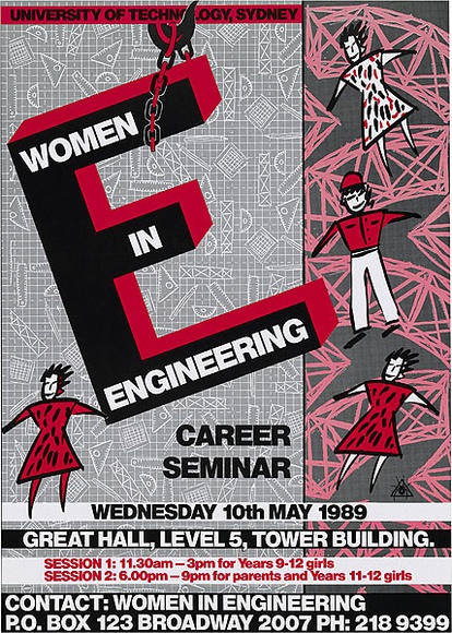 Artist: b'REDBACK GRAPHIX' | Title: b'Women in engineering career seminar.' | Date: 1989 | Technique: b'offset-lithograph, printed in colour, from multiple plates'