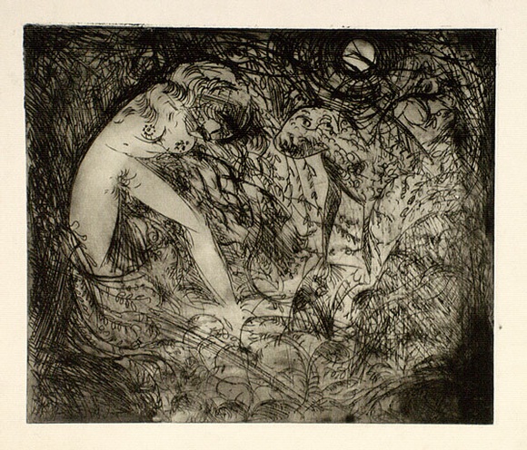 Artist: b'BOYD, Arthur' | Title: b'Nude with dog in thicket.' | Date: (1962-63) | Technique: b'etching, printed in black ink, from one plate' | Copyright: b'Reproduced with permission of Bundanon Trust' Artist: b'BOYD, Arthur' | Title: b'Nude with dog in thicket.' | Date: (1962-63) | Technique: b'etching, printed in black ink, from one plate' | Copyright: b'Reproduced with permission of Bundanon Trust'