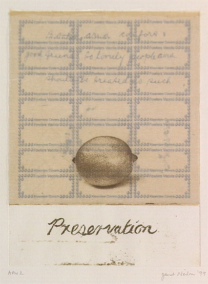 Artist: Neilson, Janet. | Title: Preservation | Date: 1999, February | Technique: etching, printed in colour, from two plates